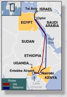 Mapa com as rotas  dos  C-130 Hercules  na Operação Entebe.