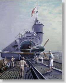Aeronave no convés do submarino-aeródromo japonês I-400